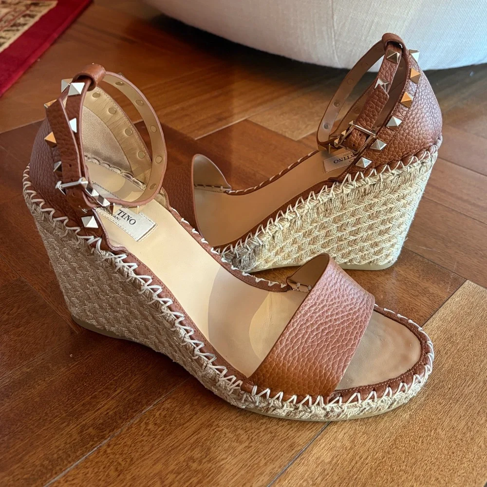 Valentino Brown Leather Espadrille Wedge Sandals with Gold Studs